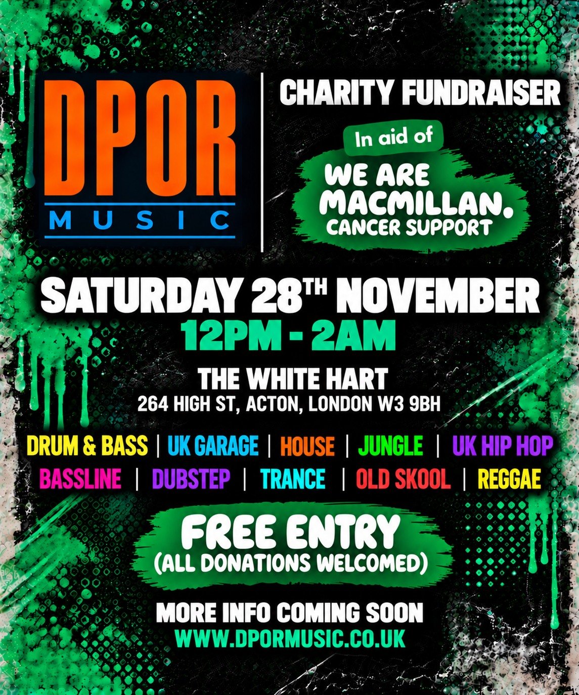 DPOR Music charity fundraiser flyer — Saturday 28 November 2026